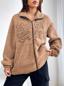 SHEIN Unity Letter Embroidery Drop Shoulder Teddy Jacket - Apricot - View 5