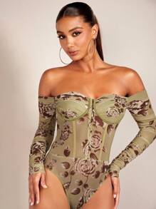 SHEIN BAE Body con estampado floral de hombros descubiertos bustier de malla - Multicolor - Ver 4