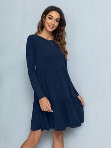 DEARCASE Chất rắn Xù Hoa Sen Váy Smock - Màu xanh hải quân - Xem 3