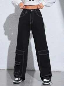 SHEIN EZwear 頂針翻蓋口袋工裝牛仔褲