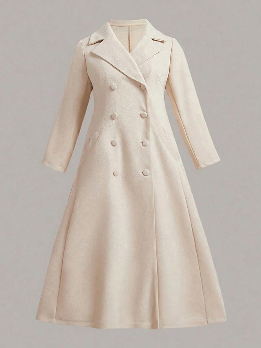 Flirla Plus Lapel Neck Double Breasted Overcoat, For Winter - Apricot - View 1