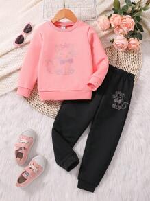 SHEIN 女小童貓印花衛衣和衛褲 - 粉色 - 查看 1