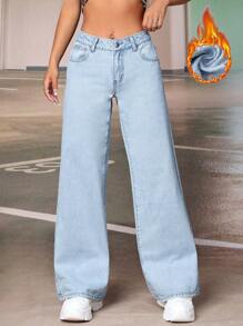 SHEIN EZwear 拉絲織物保暖素色闊腿牛仔褲 - 淺色水洗藍 - 查看 1