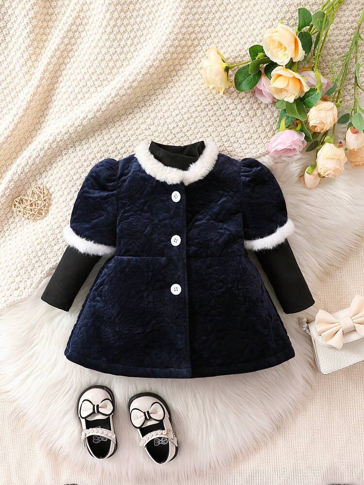 Baby Girl Contrast Fuzzy Trim Puff Sleeve Dress & Tee