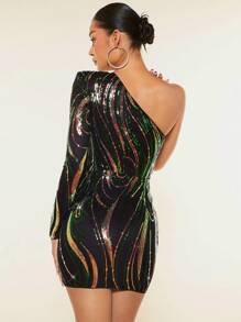 SHEIN BAE Christmas One Shoulder Sequin Bodycon Dress - Black - View 6