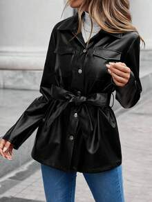 SHEIN Clasi 翻蓋口袋腰帶PU皮革外套