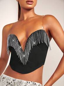 SHEIN BAE 水鑽流蘇邊吊帶上衣 - 黑色 - 查看 1
