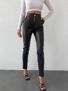 EURMUSE Split Hem PU Leather Pants - Black - View 4