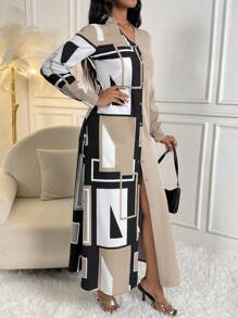 Lyxana Geo Print Button Front Shirt Dress Maxi Women Outfit Fall Cloth For Women