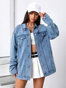 SHEIN EZwear 星星補丁貼落肩袖牛仔外套 - 中等水洗藍 - 查看 2