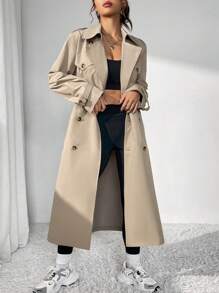 SHEIN EZwear Double Breasted Belted Trench Coat - Khaki - View 4