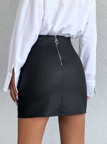 EURMUSE High Waist Split Hem Bodycon Skirt - Black - View 2