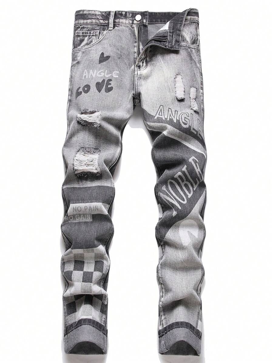 Men Letter Graphic Ripped Jeans - Light Grey - View 1