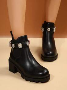 Fall/Winter 2025 Match With Pants,Ladies' Black Fashion Booties With Rhinestone Decoration & Chunky Heel Chelsea Boots Valentines