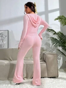 Flirla Zip Up Drawstring Knit Hoodie & Knit Pants - Pink - View 2