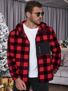 Manfinity Homme 男士加大號水牛格紋印花拉鍊抽繩帽夾克 - 紅色 - 查看 1