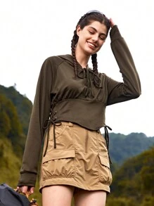 In My Nature Lace Up Front Curved Hem Outdoor Sweatshirt - Army Green - View 3