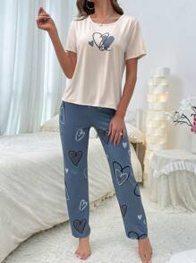 Heart Print Tee & Pants PJ Set / Pajama Set - Multicolor - View 4