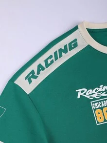 Manfinity LEGND 男式字母图案拼色落肩 T 恤 - 綠色 - 查看 5