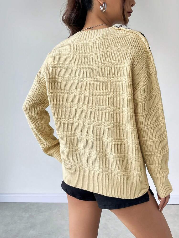 Button Detail Drop Shoulder Knit Pullover Fall Winter Sweater