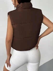 SHEIN EZwear 拉鏈開襟無袖羽絨背心大衣 - 鏽棕色 - 查看 2