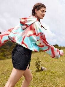 In My Nature Tie Dye Drop Shoulder Drawstring Crop Outdoor Hoodie - Multicolor - View 2