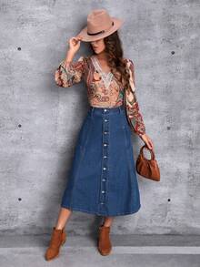 SHEIN LUNE 高腰口袋貼布前紐扣牛仔半身裙 - 藍色 - 查看 5