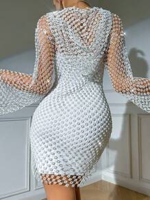 Zolique Hollow Out Flounce Sleeve Bodycon Dress - White - View 2