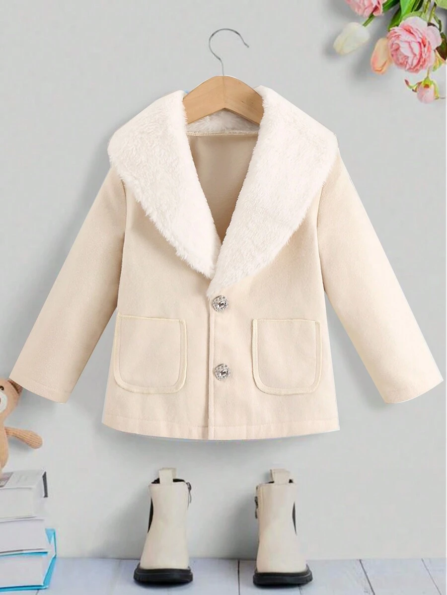 SHEIN 女小童羊絨領口雙口袋單排釦花呢外套