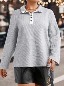 SHEIN LUNE Plus Half Button Sweatshirt Pullover Fall Sweatshirt - Grey - View 3
