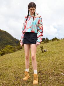 In My Nature Tie Dye Drop Shoulder Drawstring Crop Outdoor Hoodie - Multicolor - View 4