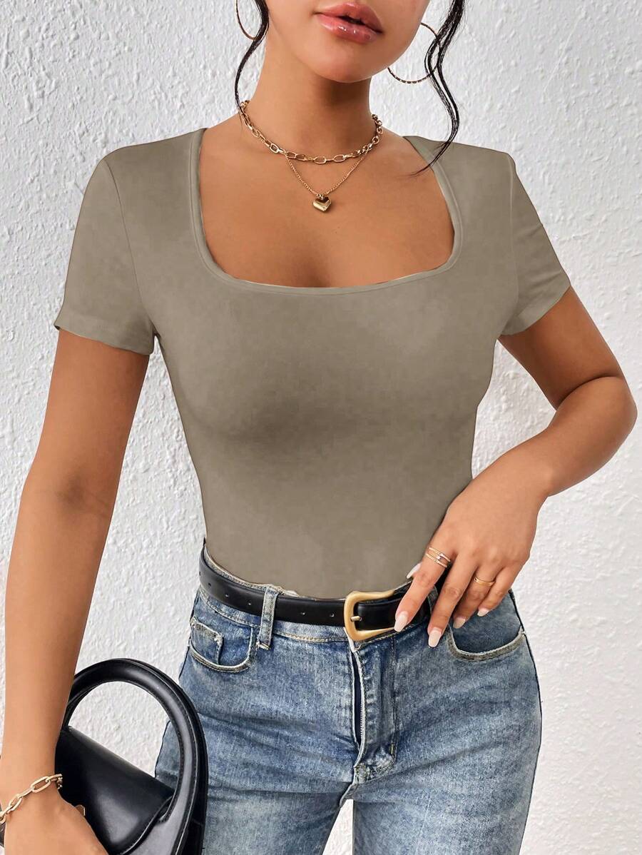 SHEIN Tall 素色大圓領連身背心 - 卡其色 - 查看 1