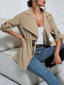 SHEIN Essnce 大翻領腰部抽繩捲邊袖外套 - 杏色 - 查看 6