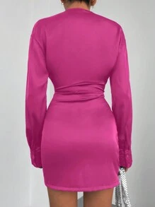 EURMUSE Surplice Neck Drawstring Front Ruched Dress - Pink - View 2