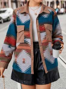 SHEIN LUNE Plus Geo Print Flap Pocket Drop Shoulder Jacket - Multicolor - View 3