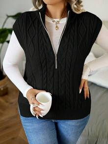 Calvaya 1pc Plus Zipper Front Cable Knit Sweater Vest - Black - View 5