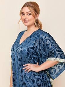 Kaftán Con Estampado Completo De Talla Grande Y Encaje De Contraste - Azul - Ver 3
