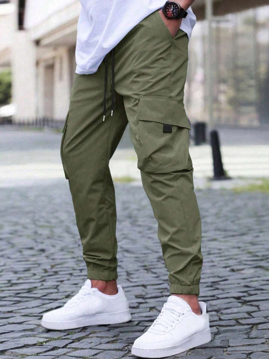 Manfinity Homme Loose Fit Men's Cargo Pants With Flap Pockets And Drawstring Waist, Fall