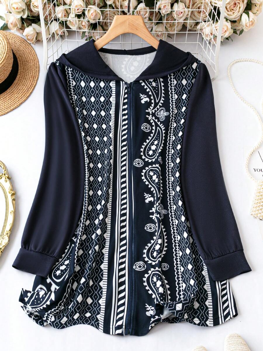 SHEIN LUNE Hơn In Địa lý Áo trùm đầu - Màu xanh hải quân - Xem 1