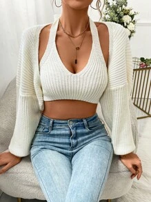 SHEIN Privé de hombros caídos shrug Cárdigan & tejido de canalé Top - Beis - Ver 6