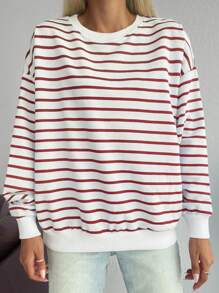 EURMUSE Sudadera con estampado de rayas de hombros caídos - Rojo y blanco - Ver 5