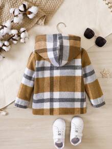 SHEIN Young Girl Plaid Print Flap Pocket Hooded Overcoat Without Tee
