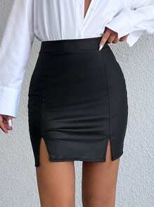 EURMUSE High Waist Split Hem Bodycon Skirt - Black - View 1