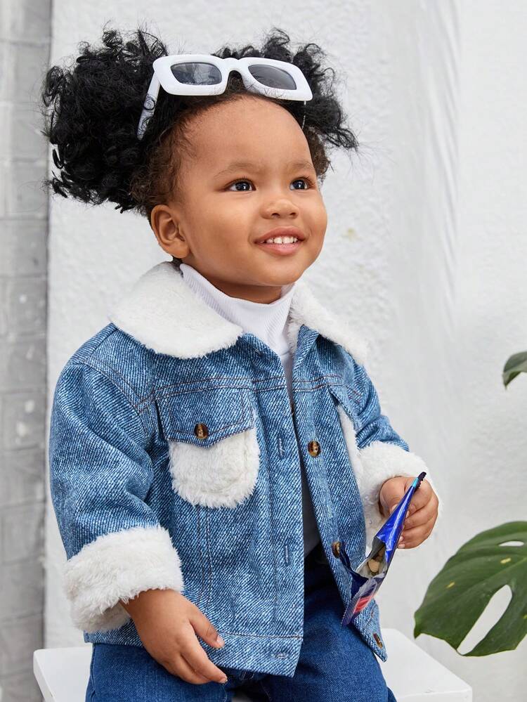 Baby Girl Flap Pocket Borg Collar Teddy Lined Jacket