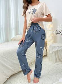 Heart Print Tee & Pants PJ Set / Pajama Set - Multicolor - View 3