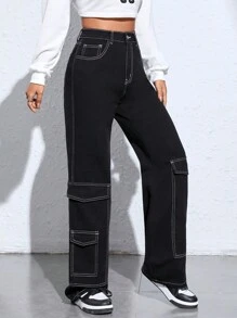 SHEIN EZwear 頂針翻蓋口袋工裝牛仔褲