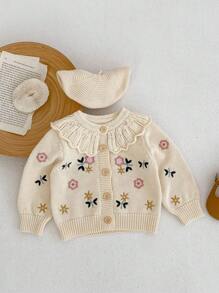 Baby Girl Floral Embroidery Ruffle Trim Cardigan - Apricot - View 3
