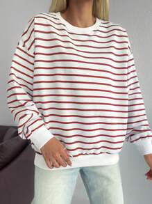 EURMUSE Sudadera con estampado de rayas de hombros caídos - Rojo y blanco - Ver 6