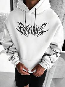 Manfinity LEGND Men Letter Graphic Kangaroo Pocket Drawstring Hoodie - White - View 1