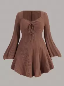 Flirla Plus Sweetheart Neck Knot Front Trumpet Sleeve Ruched Bust Lace Up Front Dress - Brown - View 2